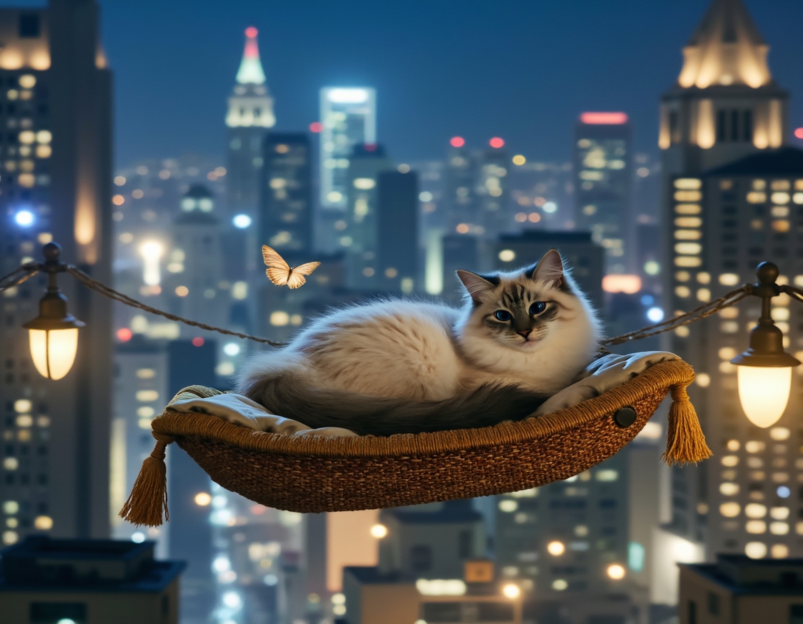 Cat sits on a flying carpet, soaring above a magical city illuminated by sparkling lights. The cat gazes at shimmering buildings and magical creatures floating around it